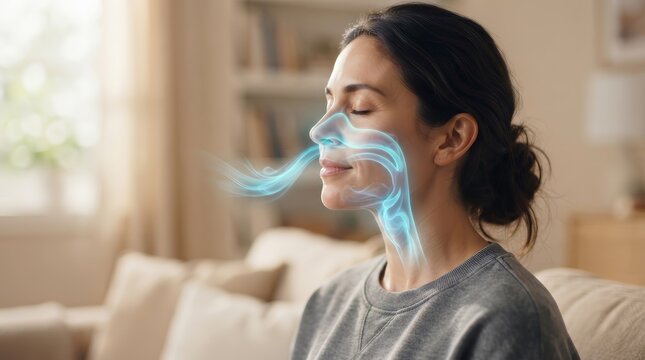 Close up profile of a woman's face showing animated airflow through nasal and oral passages