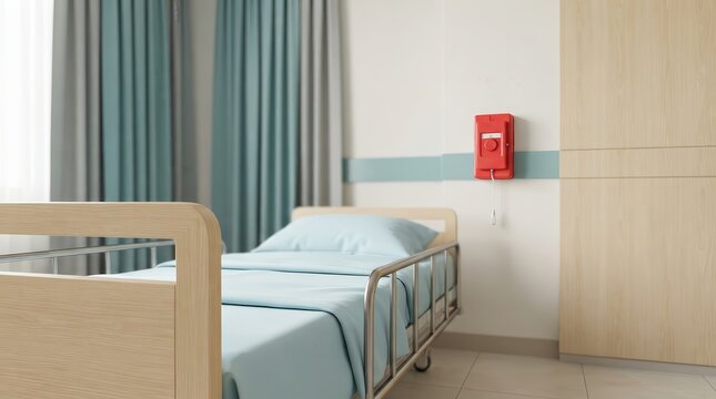 Red emergency call button installed near a hospital bed in a patient room.