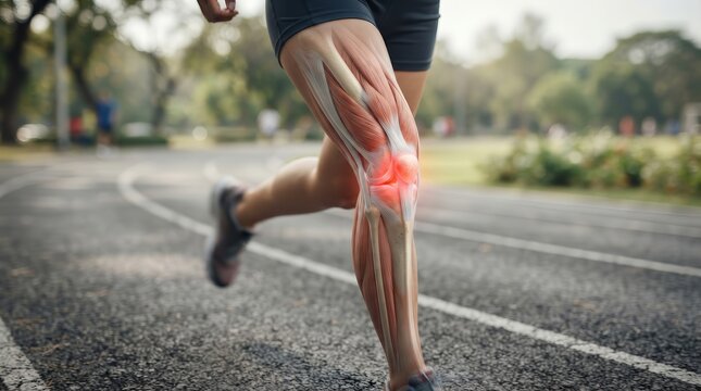 Anatomical view of runner's knee with muscle and bone detail during motion