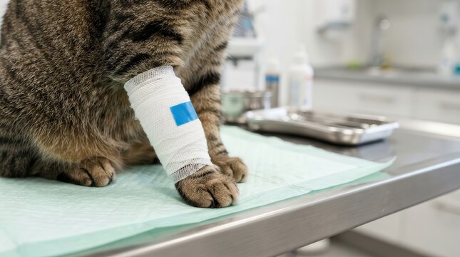 A cat with a bandaged paw sits on a veterinary examination table.