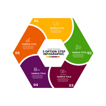Hexagon chart or infographic diagram with 5 options, steps, parts, or sections visual template for information, presentations, and reports. Editable vector.