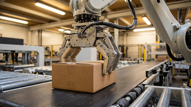 Industrial robotic arm gripping cardboard box on automated conveyor belt in warehouse
