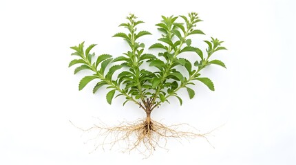Naklejka premium Stevia Rebaudiana Whole Plant with Roots, Natural Sweetener Herb Isolated on White