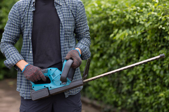 Gardener wearing protective gloves using an electric hedge trimmer for garden maintenance and shrub trimming outdoors.