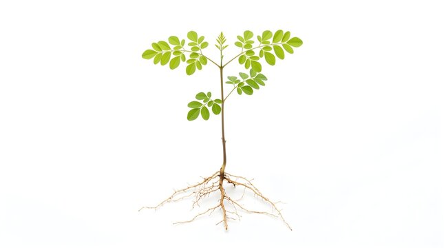 Young Moringa Oleifera Seedling with Taproot and Compound Leaves Isolated on White