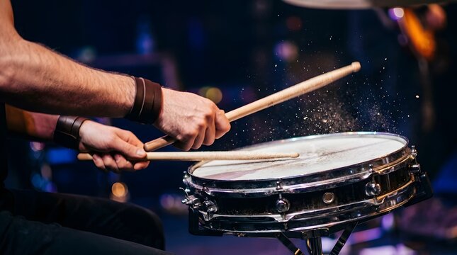 Drummer plays a rhythmic beat on a metallic snare drum under dramatic stage lighting with flying dust particles.