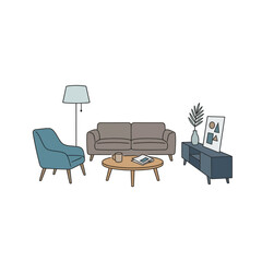 Fototapeta premium Minimalist Modern Living Room Interior Set with Sofa Armchair and Furniture Doodle