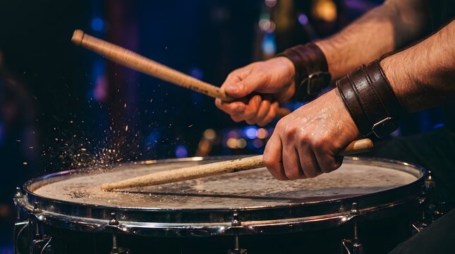 Drummer keeps a steady rhythm with wooden sticks on a white snare drum under moody stage lights.