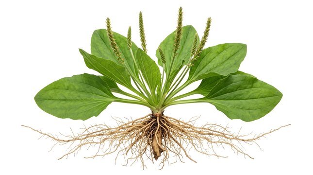 Plantago Major Whole Plant with Roots, Broadleaf Plantain Medicinal Herb Isolated on White