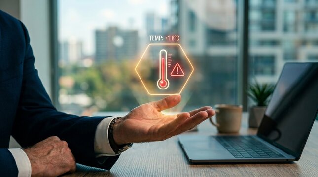 Business man showing a digital hologram of high temperature warning icon, representing global warming and climate change risk monitoring