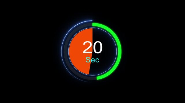 20 second circular countdown timer animation with neon green progress indicator on black background, 20 seconds
