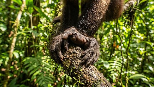 Close-up of a monkey gripping a tree branch in lush jungle greenery