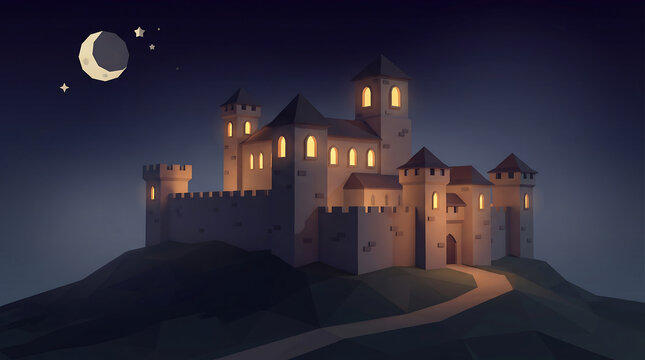 Low poly stone castle on a hill under the moon and stars at night