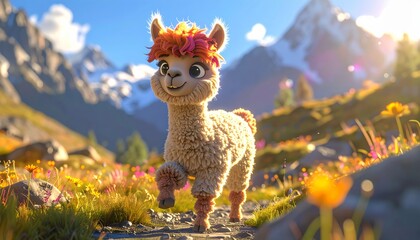 Naklejka premium Adorable Fluffy Cartoon Llama Wearing a Flower Crown in a Sunny Mountain Meadow Landscape