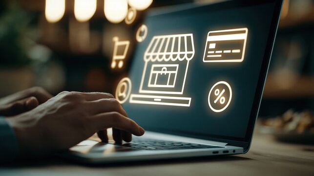 Hands typing on laptop with glowing online shopping icons, representing e-commerce and digital retail