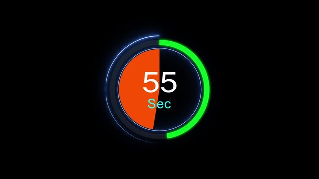 55-second circular countdown timer animation with neon green progress ring on black background, 55 seconds