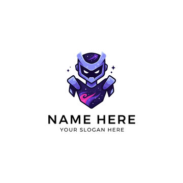 Futuristic Robot Head Logo Design with Nebula and Stars