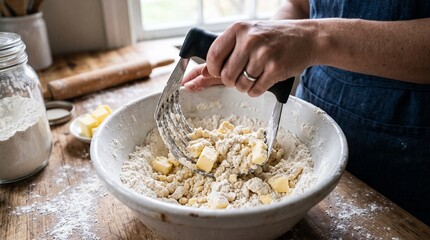 Fototapeta premium Close up of hands using pastry cutter to mix butter and flour in bowl.