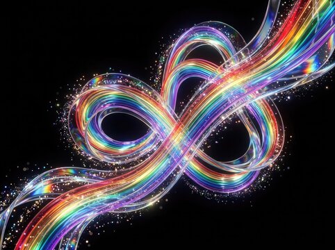 Abstract background featuring swirling rainbow colored light trails creating a dynamic infinity loop shape against a deep black backdrop