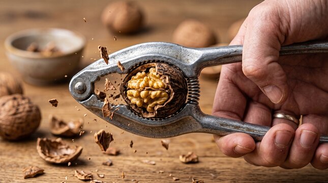 Hand using vintage metal nutcracker to crack open fresh walnut on wooden table.