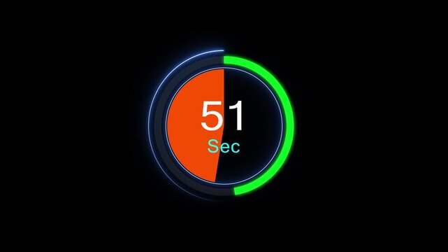 Circular countdown timer animation with 51 seconds progress indicator on black background, clock circle