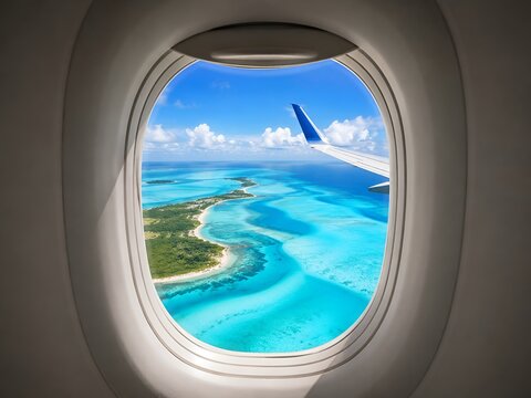 Tropical island view through airplane window seat