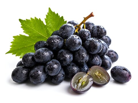 Fresh black grapes bunch with leaf isolated.