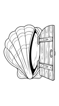 Seashell door vector illustration featuring an open wooden door attached to a giant white scallop shell on a clean isolated background for creative design projects and artistic magical concepts