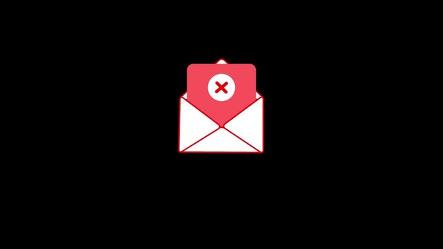 A minimalist flat representing an open white envelope with a red outline and a pink card with a white circle inside emerging from it, set against a solid black background, symbolizing communication