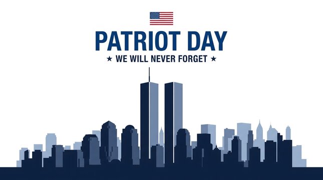 Patriot day memorial graphic featuring the new york city skyline with the twin towers and the text we will never forget in blue