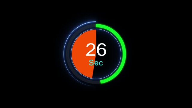 Digital circular countdown timer animation: 26 seconds progress indicator for ui/ux