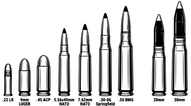 Ammunition casings set with varying sizes in metallic silver and brass featuring rifle, pistol, and shotgun shells with detailed textures and shadows