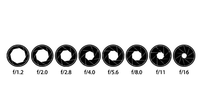 Camera aperture diagrams set with circular lens openings featuring f-stop numbers, depth of field illustrations, and light ray visualizations with exposure triangle and shutter speed symbols