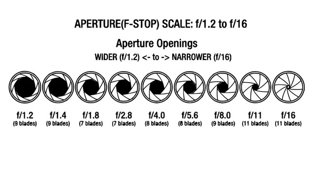 Camera aperture diagrams set with circular lens cross-sections featuring f-stops, shutter speed, and depth of field with light rays and aperture blades