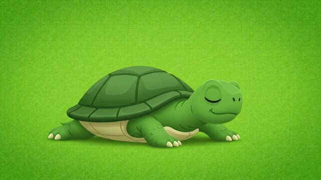 Cute 3D Green Turtle Sleeping on Green Grass. 4K Video