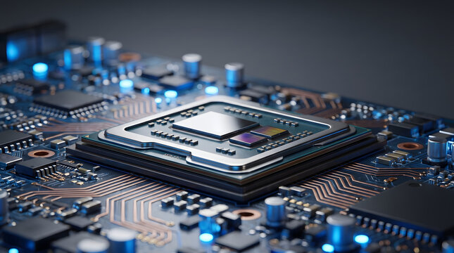 Advanced Microchip Processor on Circuit Board with Blue Glowing Lights