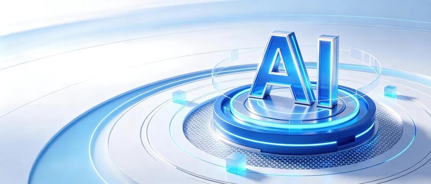 Glowing 3d blue ai text standing on circular futuristic tech podium with small glass cubes showing modern artificial intelligence technology innovation concept