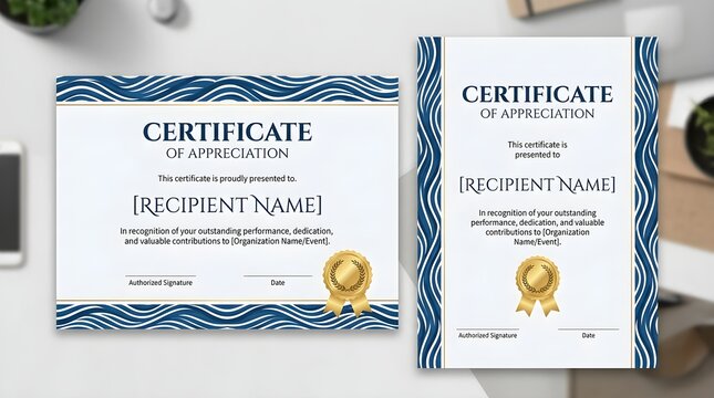 Blank certificate of appreciation achievement templates with elegant blue wave