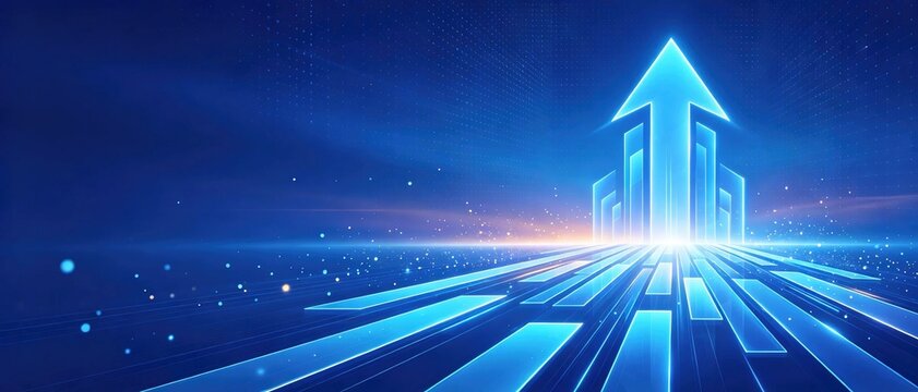 Bright glowing blue upward arrow growth bar chart on dark blue dotted technology background showing business financial growth success and future development concept