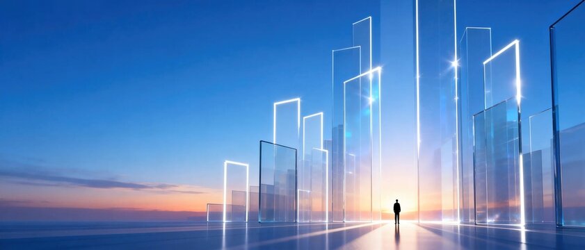 Silhouette of businessman walking toward ascending glowing transparent glass bar chart against sunset blue sky showing business growth career success and future vision