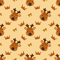 Adorable seamless pattern with reindeer ,crown, and yellow bow on a light yellow background. Cute cartoon style design is ideal for children's products, gift wrapping paper, wallpaper. © เทรเวอร์ ทรี