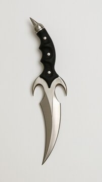 Modern designed stainless steel hunting dagger with black textured ergonomic grip displayed on plain off-white background showing custom handcrafted sharp blade