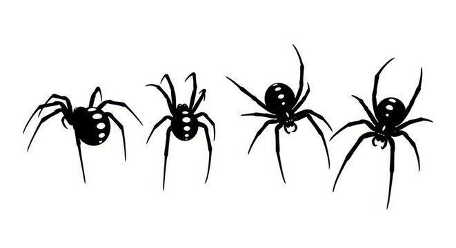 Set of black widow spider silhouettes in different poses, isolated on white background for Halloween design and icons.
