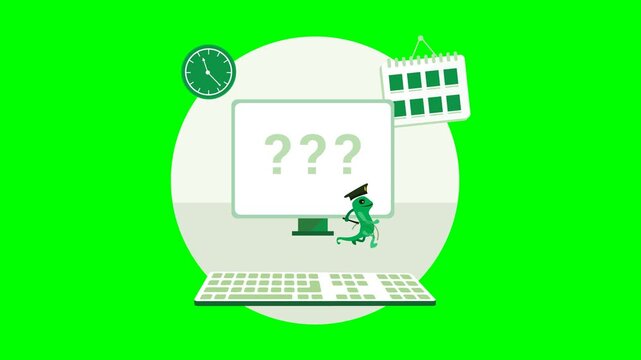 Animated green gecko graduate mascot appearing on computer screen with question marks