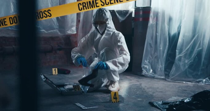 Crime scene investigator carefully packages a female shoe collected as physical evidence for forensic examination.