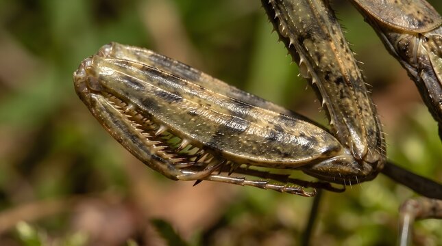 Detailed close up view of mantis foreleg showing sharp serrated spikes