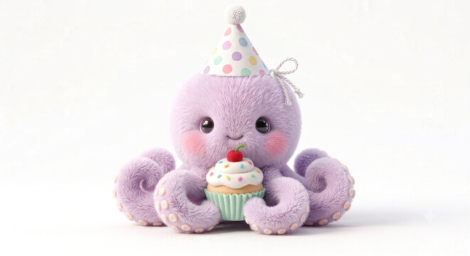 Pulpo esponjoso con bonete y cupcake de cumplea&ntilde;os