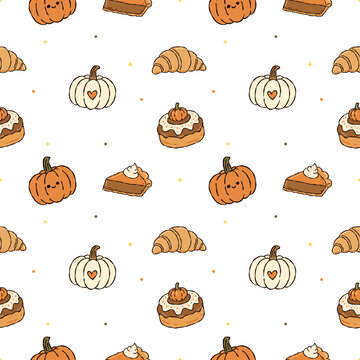 Cute Pumpkin Spice Fall Seamless Pattern with Pumpkin Pie, Donut and Croissant Doodles