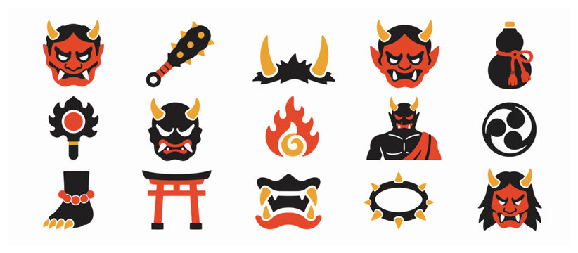 Colorful Japanese Oni Demon Masks And Symbols Collection.