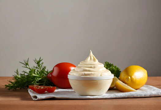 Creamy mayonnaise swirl in a white bowl with fresh tomatoes, lemon, and herbs on a wooden table